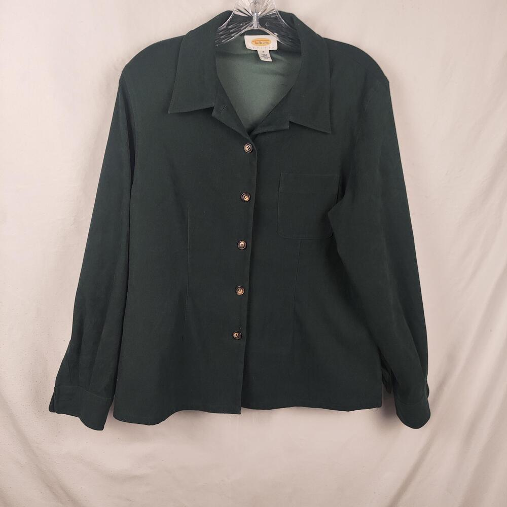 Talbots Shirt Womens Petite Medium Green Solid Button Front Long Sleeve Casual